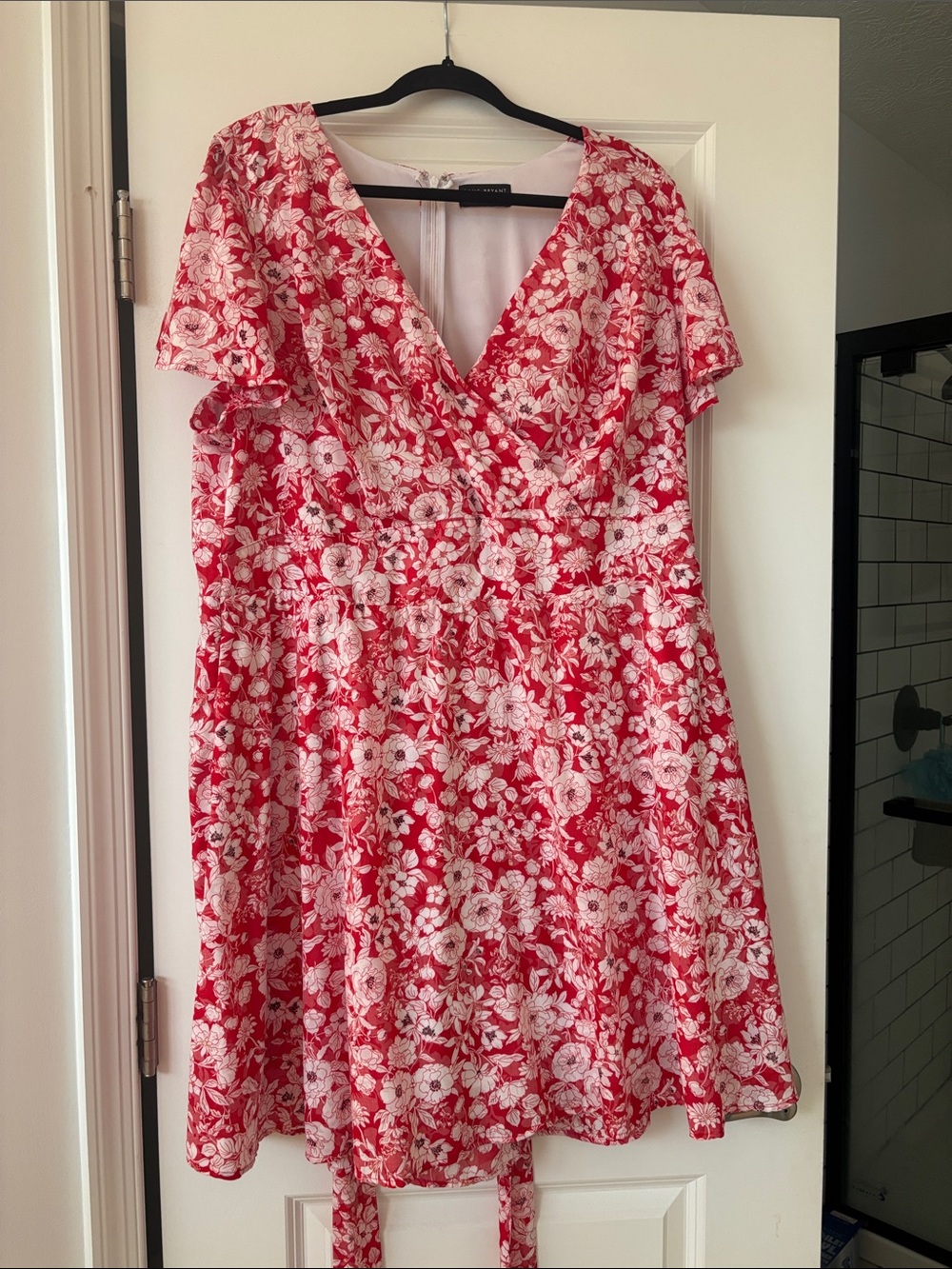 Lane Bryant Red and White Floral V-Neck Dress